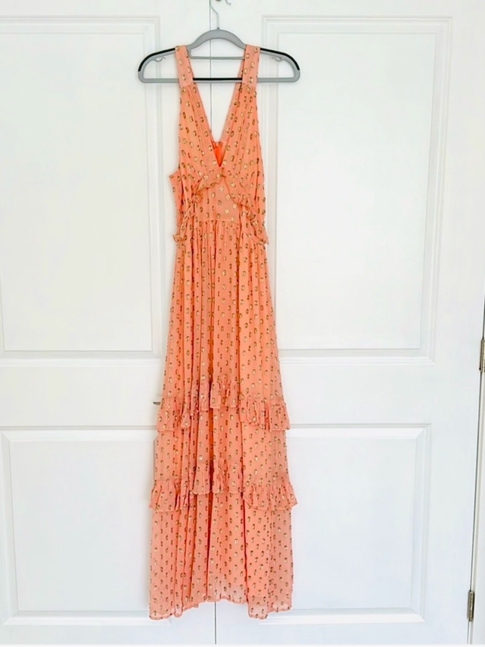 En Creme Peach/Coral & Gold Metallic Dot Maxi Dress ✨🍑 | Tiered Boho | NWT